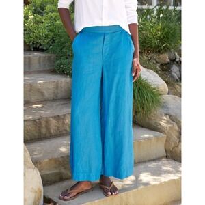 Frank & Eileen Maisie Turquoise Blue 100% Linen Wide Leg Pants XL Elastic Waist